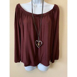 Anthropologie Cloth & Stone Off Shoulder Top Blouse Sz Small Burgundy Long Slv